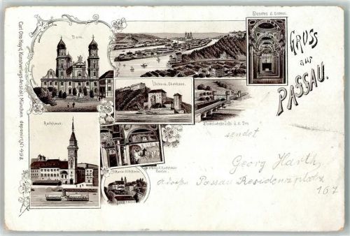 Passau 1897 Dom Rathaus Maria Hilf Kirche Unter. u. Oberhaus Inneres des Dom`s Eisenbahnbrücke