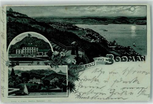 Bodman 1900 Gasthaus zur Linde Schloß Bodman Lithographie Mondschein