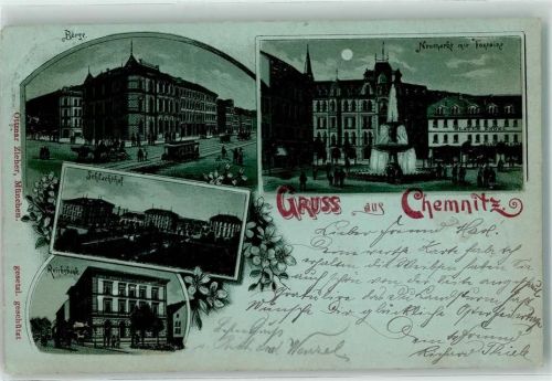 09111 O9000 Chemnitz , Sachs 1898 Lithographie Börse Neumarkt Fontaine Schlachthof Reichsbank Mond Brunnen Straßenbahn Gruss Blumen