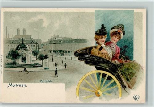 München 1898 Carlsolatz, Frauen in einer Droschke , sehr gute Erhaltung AK