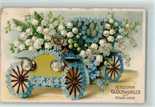 Blütenauto - Vergissmeinnicht, Maiglöckchen - Verlag Tannenzweig Nr. 3380 Glückwunsch Auto Prägedruck