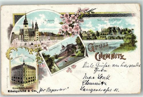 Chemnitz 1897 Marktplatz Markthalle Schloßteich Geschäftshaus Königsfeld Lithographie
