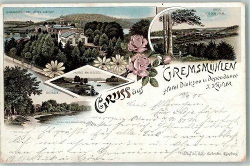 Bad Malente-Gremsmühlen 1895 Hotel Dieksee Dependance Blick aus dem Holm Dieksee Lithographie Bahnpost Kiel - Lübeck Zug 8 Vorläufer