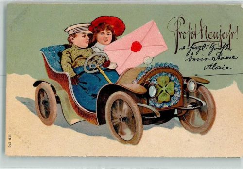 Neujahr Kind Brief AK Glückwunsch Auto 1908 Lithographie / Prägedruck