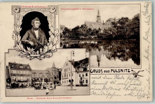 Pulsnitz 1914 Denkmal Bildhauer Rietschel , Markt, Schlossteich AK