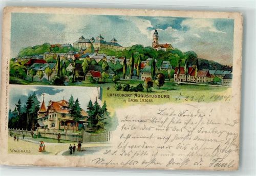 09573 O9382 Augustusburg 1909 Gebrauchsspuren Waldhaus Lithographie