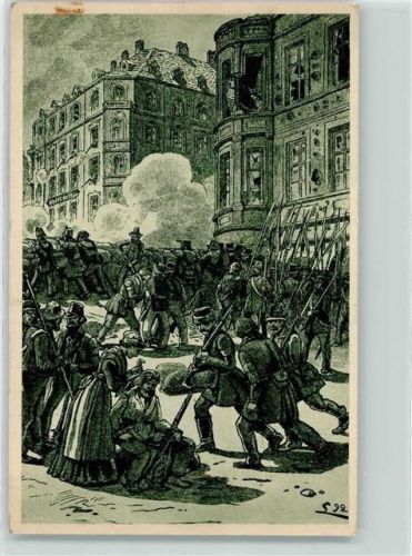 O8000 Dresden 100 jahre Revolution 1848/49 Barrikade Frauengasse in Dresden AK Revolution Künstlerkarte