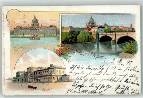 14467 O1510 Potsdam 1900 Lithographie Kgl. Stadtschloß Bahnhof Pferdestraßenbahn Lange Brücke