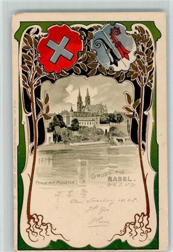 Basel 1902 Pfalz mit Münster Lithographie/Prägedruck