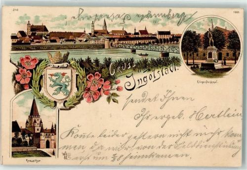 Ingolstadt 1900 Kreuztor Kriegerdenkmal Donaubrücke Wappen