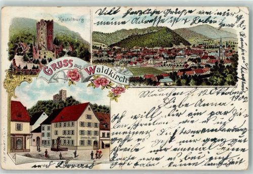 Waldkirch 1902 Kastelburg Gasthaus zum Engel Litho Einriß