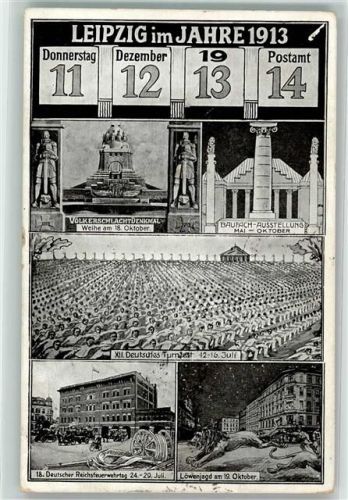 Leipzig 1913 11.12.13 Postamt 14 Völkerschlachtdenkmal Baufach Ausstellung XII. Deutsches Turnfest 18. Deutscher Reichsfeuerwehrtag Löwenjagd