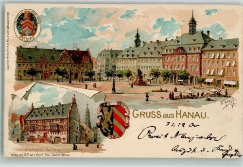 Hanau 1901 Marktplatz Marktszene Altstädter Rathaus Wappen sign. R- Faust