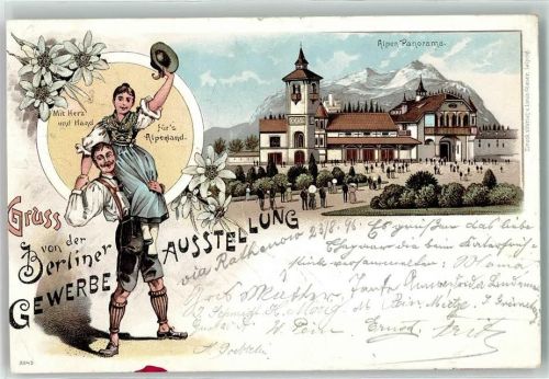 O1193 Treptow Gruss aus Alpen Panorama AK Gewerbeausstellung 1896 Lithographie