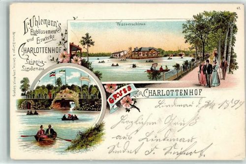 Lindenau 1899 L. Uhlemanns Etablissement und Eiswerke Charlottenhof Wasserschloss Ruderboote Fahnen