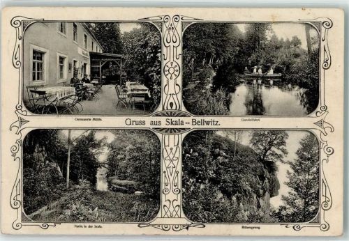 02708 O8701 Bellwitz 1915 - Gruss aus Skala Gemauerte Mühle Gondelfahrt Rittersprung Ruderboot