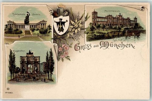 80331 W8000 München Lithographie Ruhmeshalle Bavaria Maximilianeum Siegestor Münchner Kindl