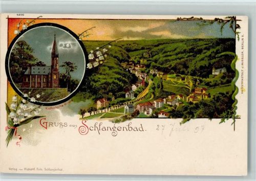 Schlangenbad 1898 Gruss aus - Schlange und Maiglöckchen