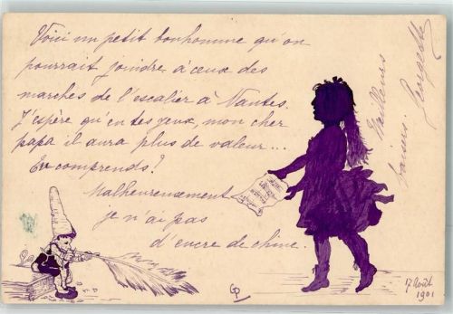 1901 sign. Panneton, Georgette Ein Zwerg mit einem Gänsekiel und eine Frau mit einem Notenblatt