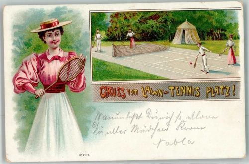 1899 Gruss vom Lawn Tennis Platz Frau mit einem Tennisschläger Karnevals Post der Gesellschaft Germania