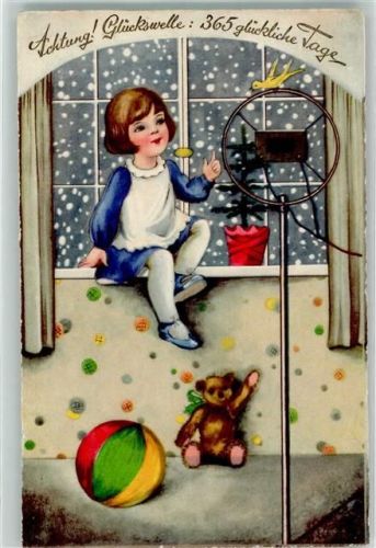 Achtung Glückswelle 365 glückliche Tage Neujahr Kind vor einem Radiomikrofon mit Teddybär Vogel und Ball B & R Nr. 8893