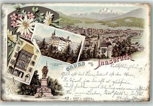 6020 Innsbruck 1900 Lithographie Schloss Ambraz Goldenes Dachl Andreas Hofer Monument am Berg Isel