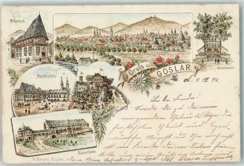 38640 W3380 Goslar 1896 Gebrauchsspuren Marktplatz Kaiserhaus Gasthaus Brusttuch Dom-Kapelle Lithographie