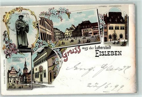 06295 O4250 Lutherstadt Eisleben 1899 Lithographie Luther-Denkmal Marktplatz Luthers Geburtshaus Plan Luthers Sterbehaus