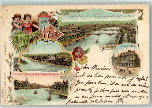 69000 Lyon 1899 Lithographie Perspective des Ponts du Rhone vue prise en Aval de la Croix Rausse l`Ile Barbe le Grand Theatre vue sur la Saone le Pont et l`Eglise St. Georges Carl Künzli Zürich Dep. No. 872