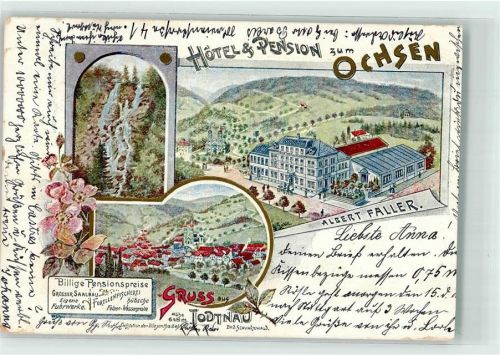 Todtnau 1898 Hotel & Pension zum Ochsen Wasserfall Lithographie # beschnitten