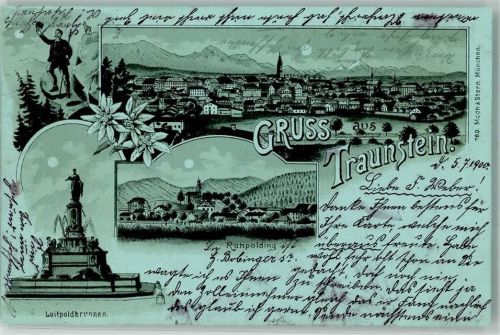 Traunstein 1900 Luitpoldbrunnen Ruhpolding Mondschein