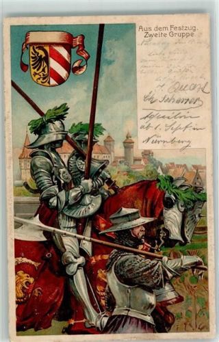 Nürnberg X. Deutsches Turnfest 1903 Off. Postkarte Nr 4 Das Turnerbanner im Festzug aus dem Festzug Zweite Gruppe Rüstung Wappen Lithographie