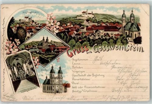 Gößweinstein Burg Kirche Inneres Gruss Blumen Lithographie