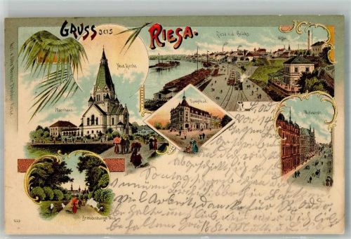 Riesa 1898 Neue Kirche Hafen Eisenbahn Dampfbad Wettiner Strasse Lithographie
