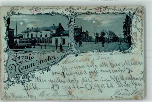 Neumünster 1899 Bahnhof Markt Lithographie/Mondschein