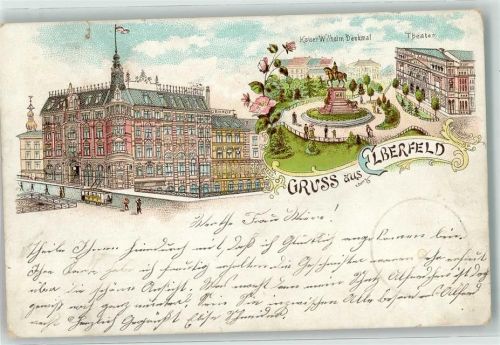 Elberfeld Kaiser Wilhelm Denkmal Theater Straßenbahn Lithographie