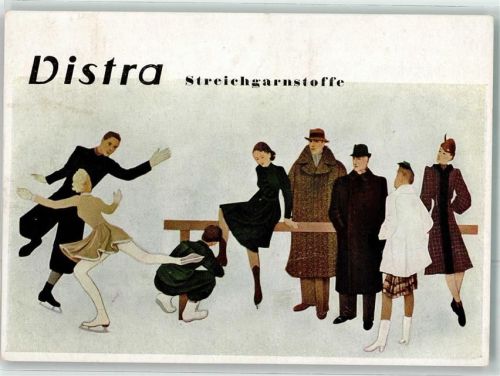 Distra Streichgarnstoffe Schlittschuhe auf AK Werbung Mode 1939 Künstlerkarte