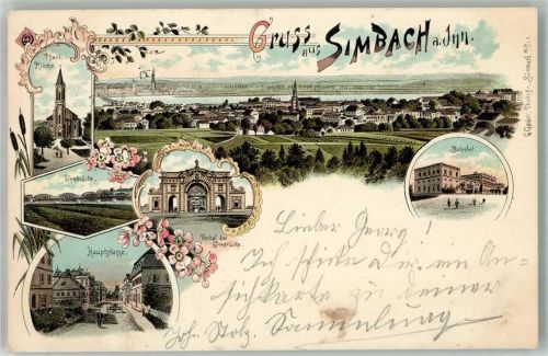 84359 W8346 Simbach a. Inn 1898 Lithographie Brückentorhaus Bahnhof Pfarrkirche Hauptstrasse