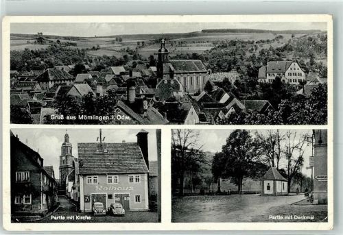 Mömlingen Kirche Rathaus Denkmal Auto Haltestelle Wegweiser