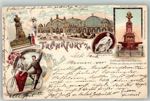 Frankfurt 1897 All Heil Tandem + Bahnhof + Stoltze Denkmal