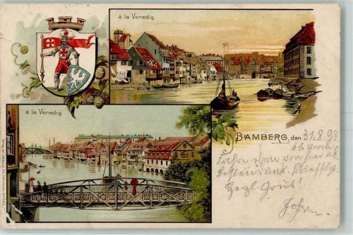 Bamberg 1898 a la Venedig Brücke Segelboot Lithographie