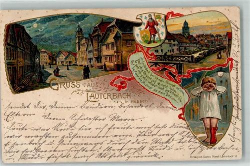 36341 W6420 Lauterbach Hessen 1902 Prägedruck Dorfstraße Weinendes Kind Wappen Verlag Mandt