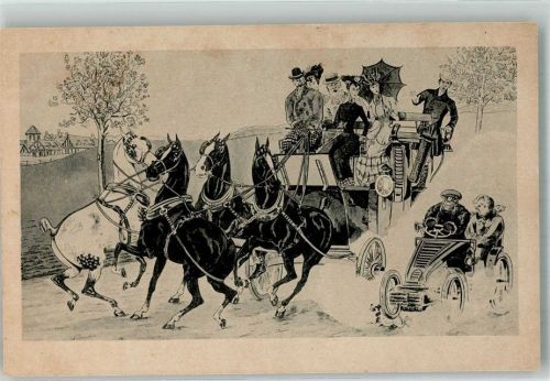1900 Automobil und staunende Pferdekutschen Passagiere