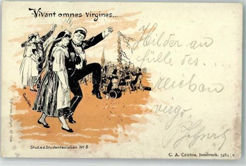 Studenten tanzen zur Musik mit jungen Frauen in Tracht Vivant omnes virgines Verlag G. Brandes No. 2038 Studentenleben No. 8 Studentika Künstlerkarte