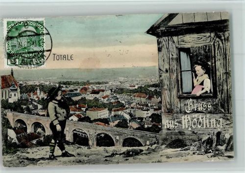 Mödling 1909 Totale, Viadukt, Hütte mit Trachtenkinder AK