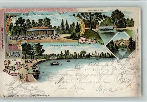 Laxenburg 1900 Gruss aus - Litho , Cafe beim Wasserfall, Ruderboote auf dem See - unten kleine Beschädigung