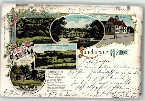 Soltau 1899 Lüneburger Heide Altes Bauernhaus Rathaus Gedicht Bahnpoststempel Litho