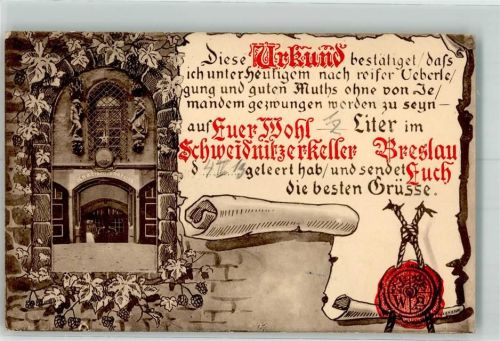 Breslau 1913 Urkunde Gasthaus Schweidnitzerkeller Passepartout