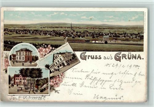Gera Gruss aus - Grüna - Bahnhof mit Eisenbahn, Postamt, Kräutergewölbe, gute Erhaltung AK
