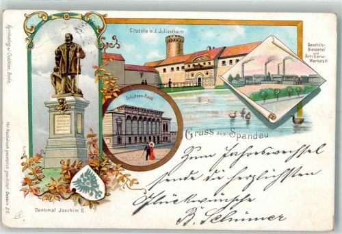 Spandau 1898 Denkmal Joachim II. Schützenhaus Citadelle Juliusturm Geschütz Giesserei Artillerie Werkstatt Lithographie